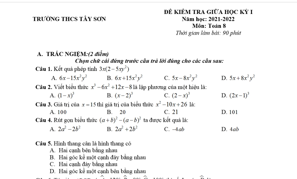 Toán 8: Đề kiểm tra giữa học kỳ 1. Trường THCS Tây Sơn năm học 2021-2022